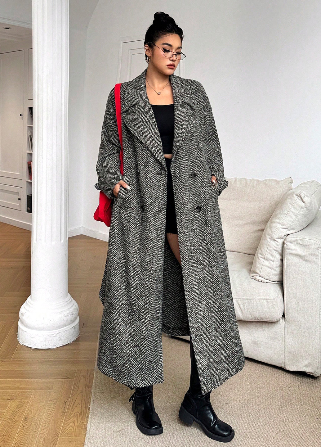 Черно-белое зимнее Пальто двубортное SHEIN