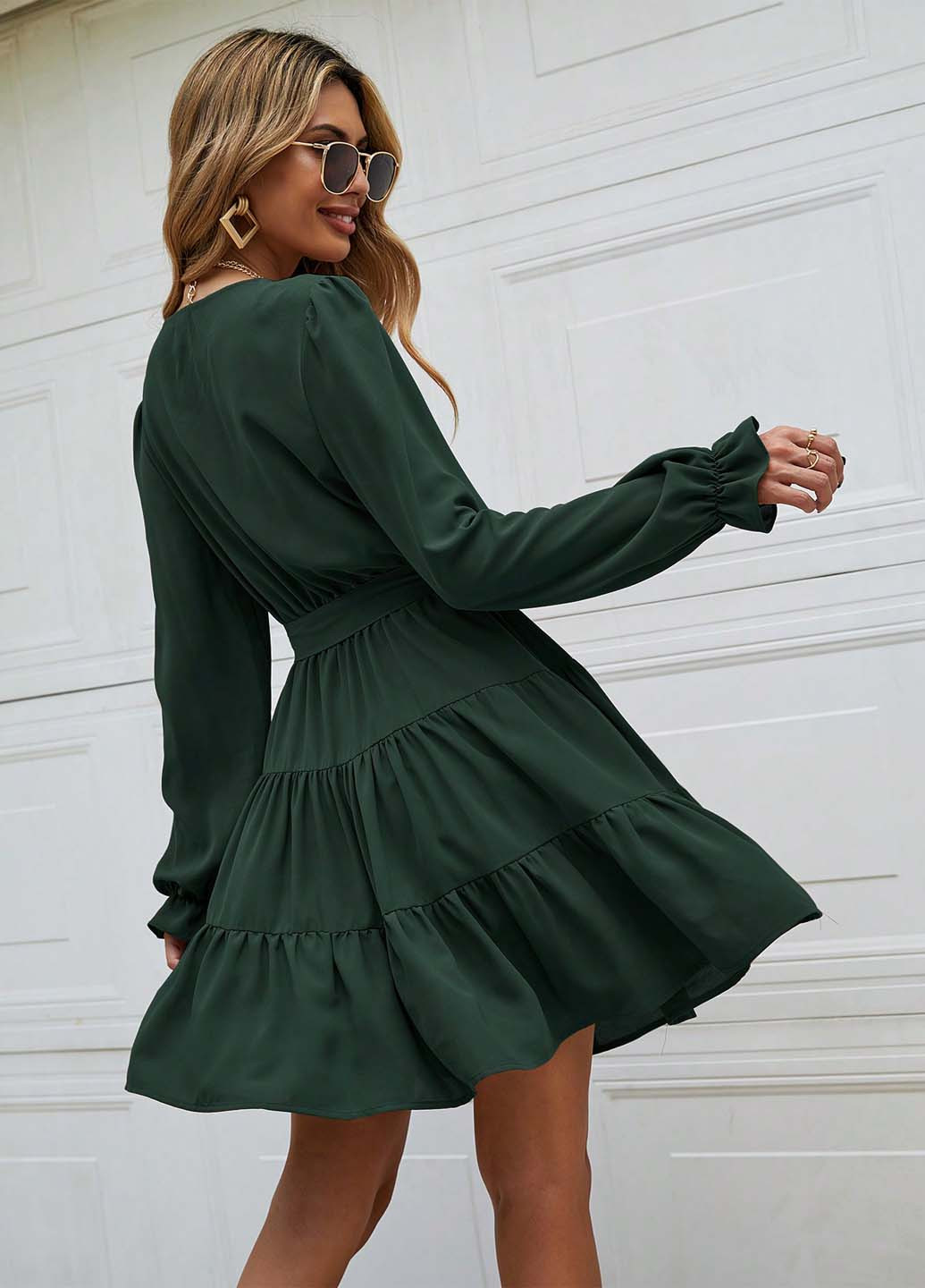 Изумрудное кэжуал платье клеш SHEIN однотонное