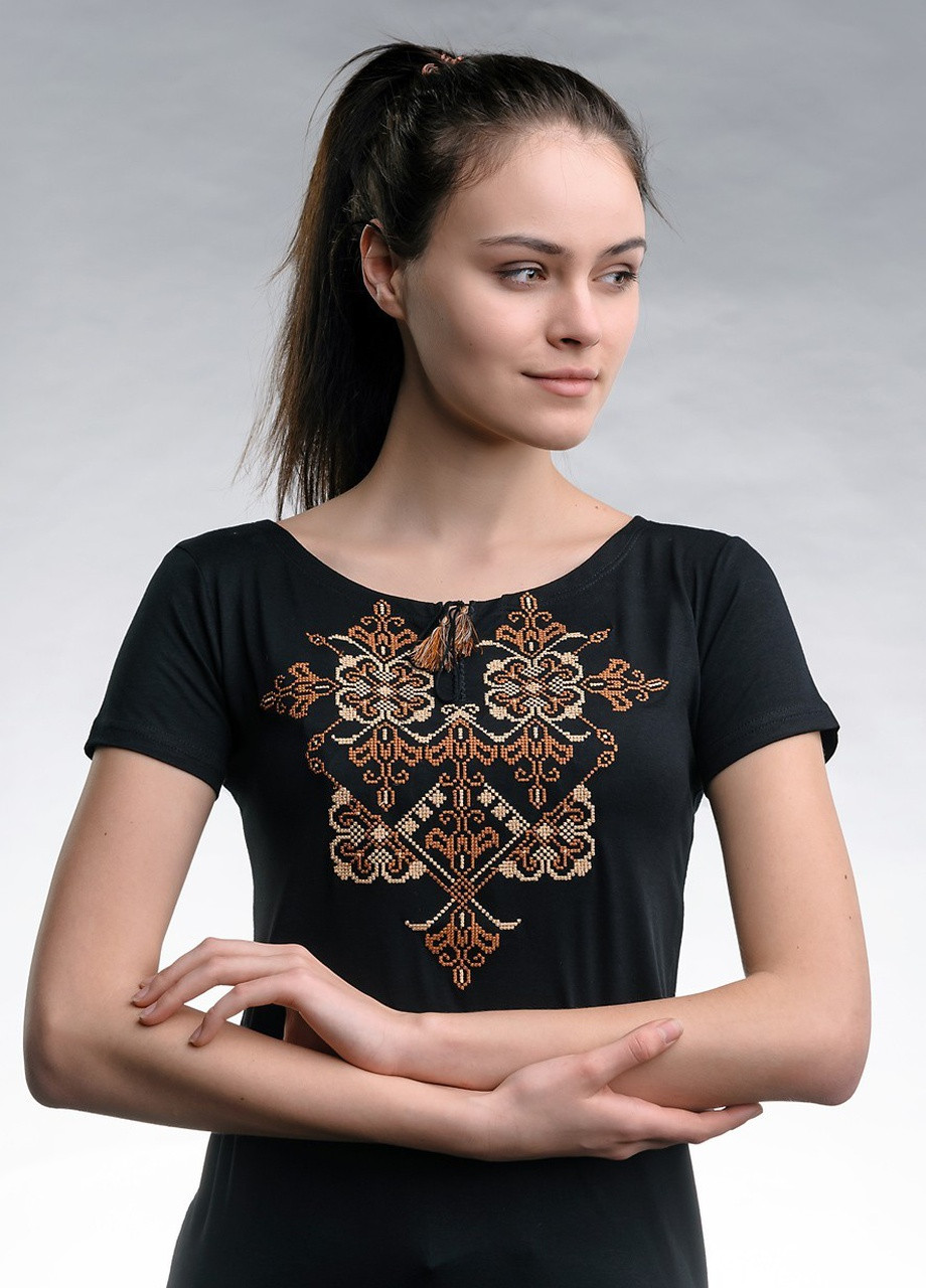 Жіноча вишита футболка Елегія чорна з коричневим Melanika (250206136)