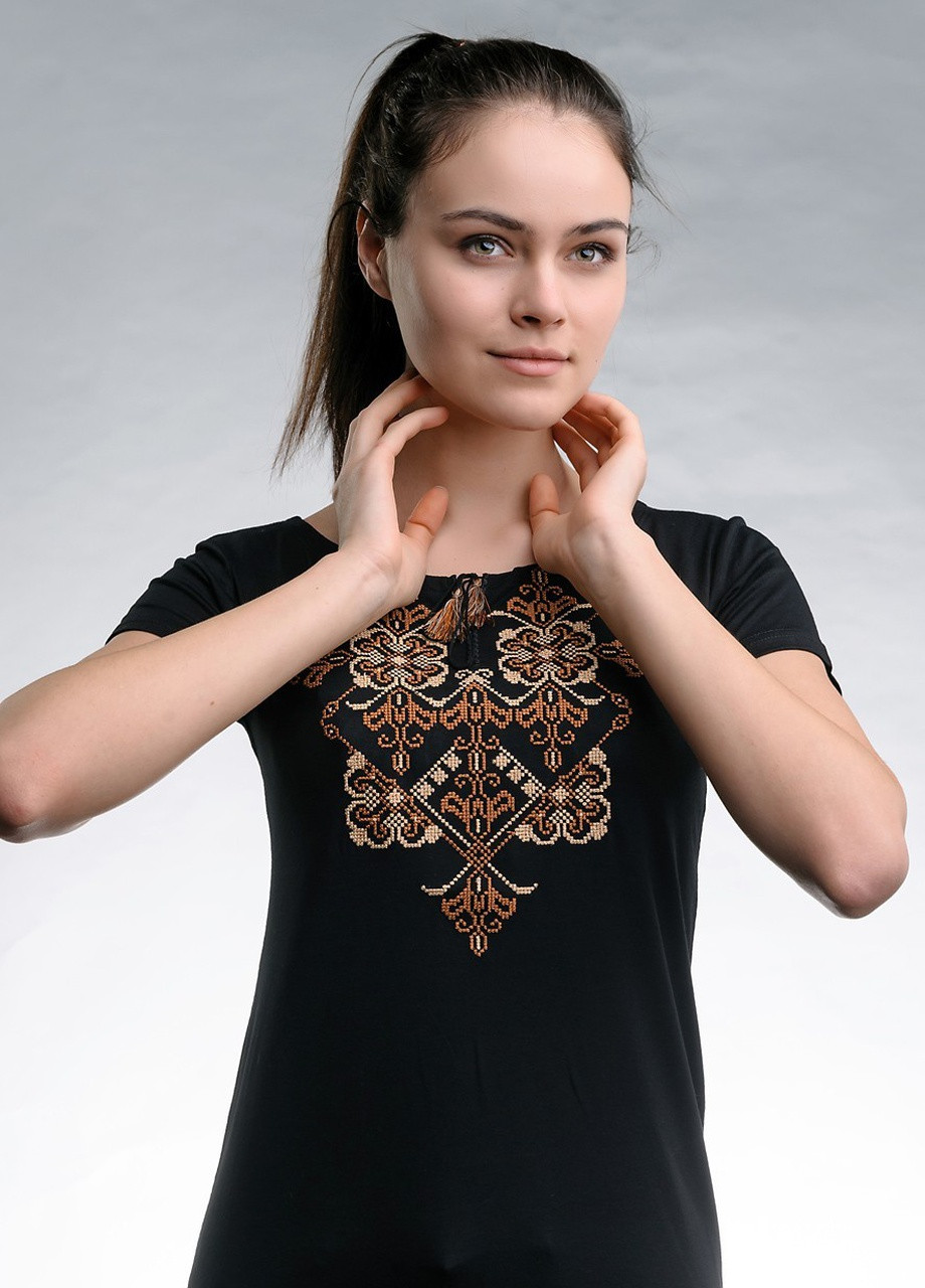 Жіноча вишита футболка Елегія чорна з коричневим Melanika (250206136)