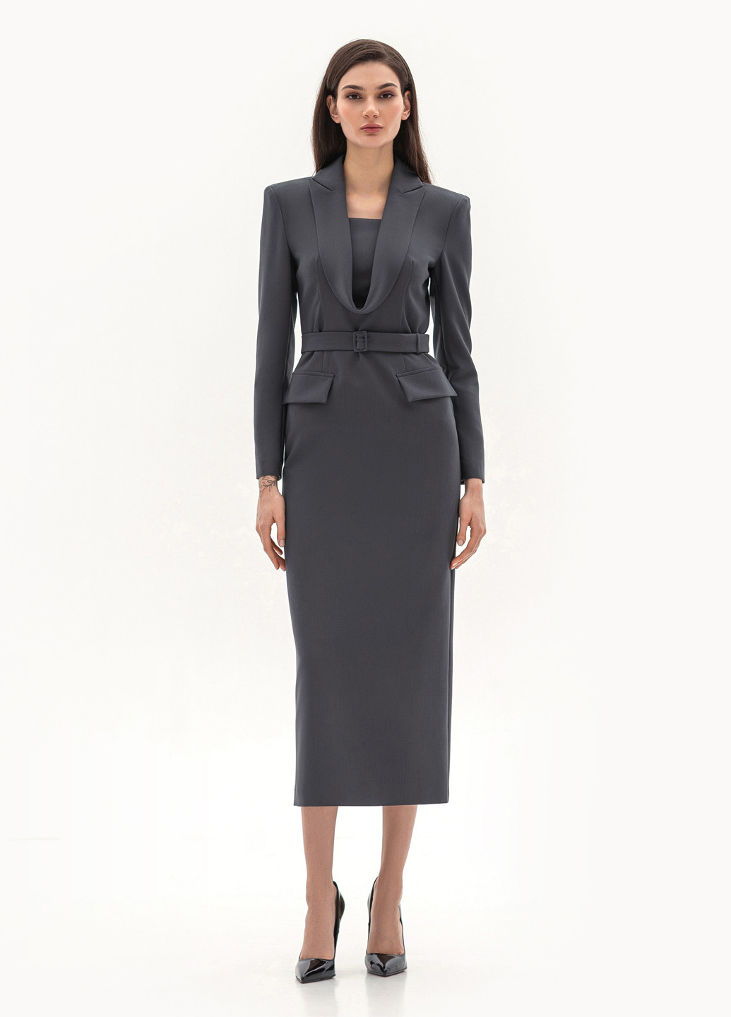 Серое деловое, кэжуал платье платье-жакет BGL однотонное