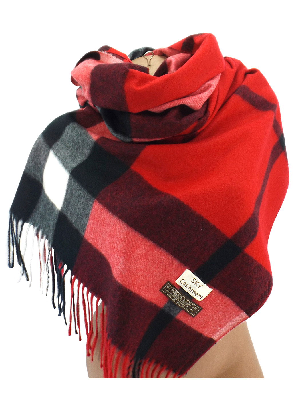Жіночий вовняний шарф Sky Cashmere Burberry червоний LuxWear S176009 клітинка червоний кежуал вовна