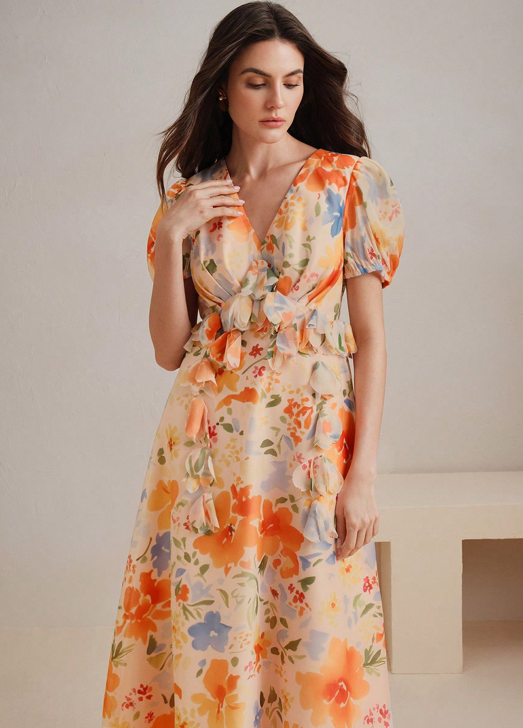 Помаранчева святковий, кежуал сукня а-силует SHEIN з квітковим принтом