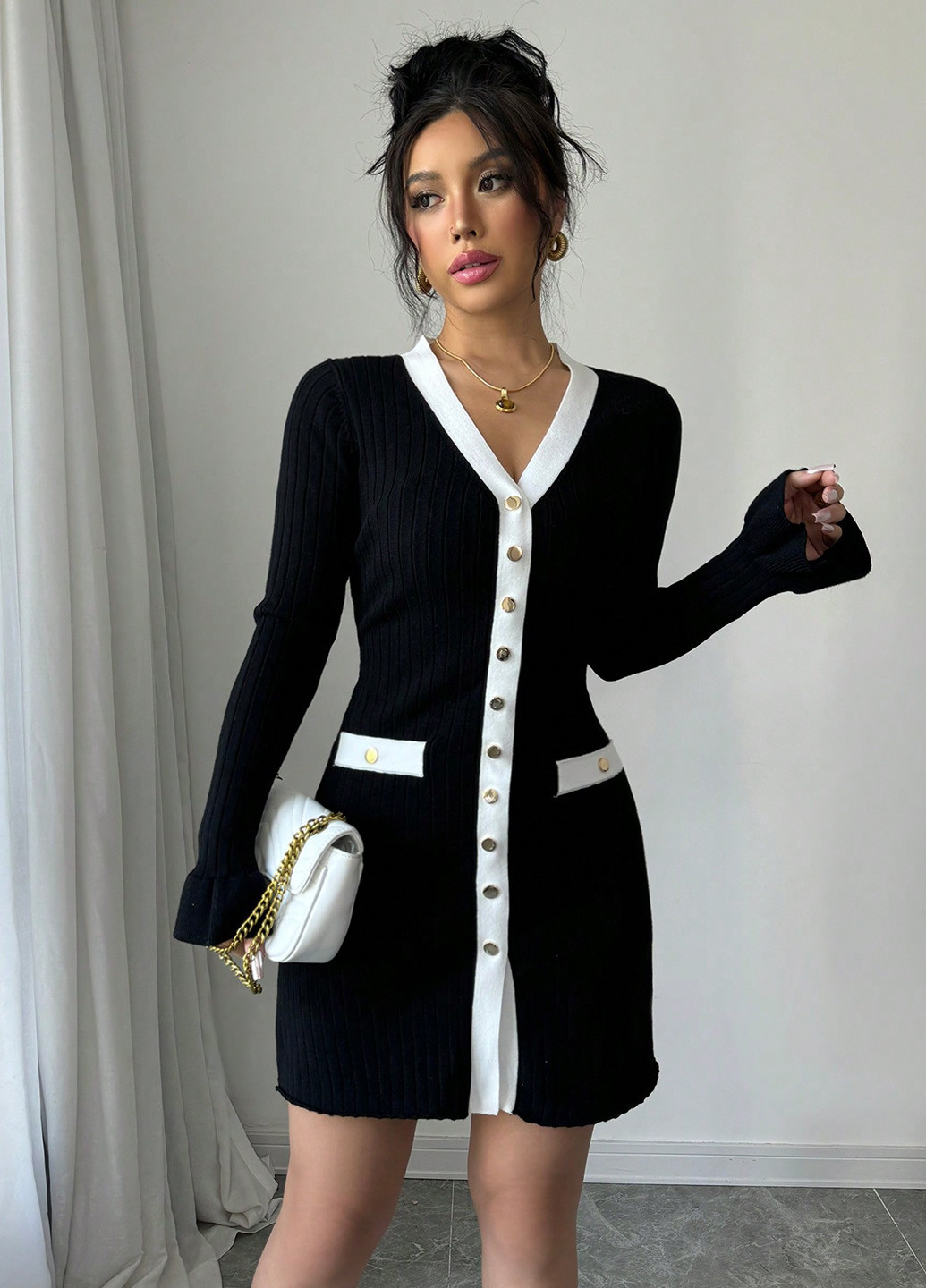 Черное кэжуал платье платье-свитер SHEIN колор блок