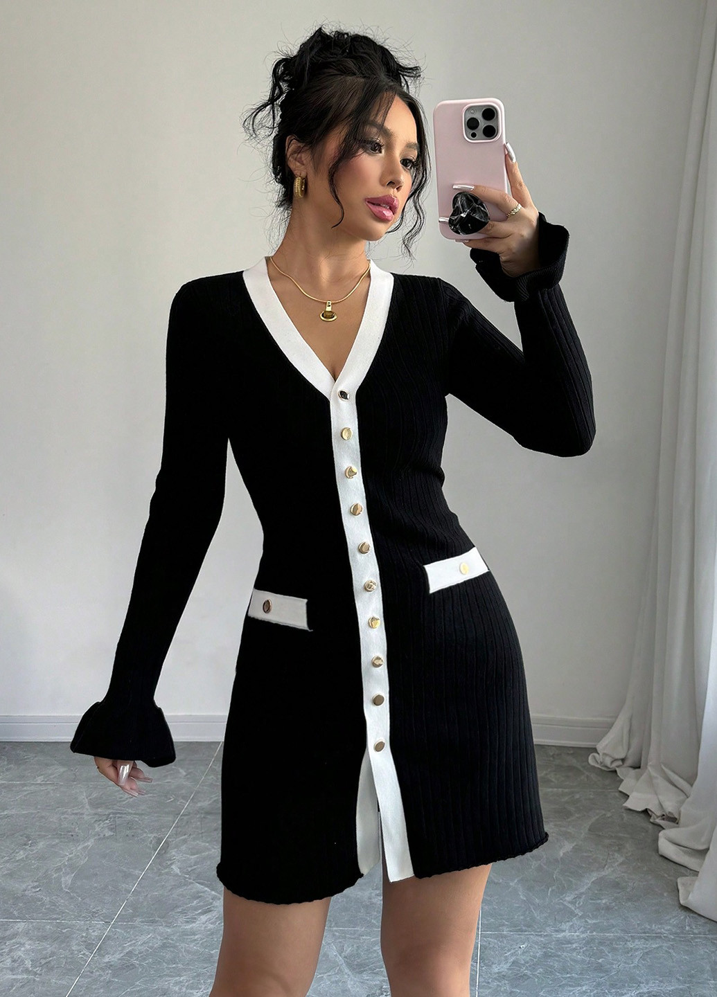 Черное кэжуал платье платье-свитер SHEIN колор блок