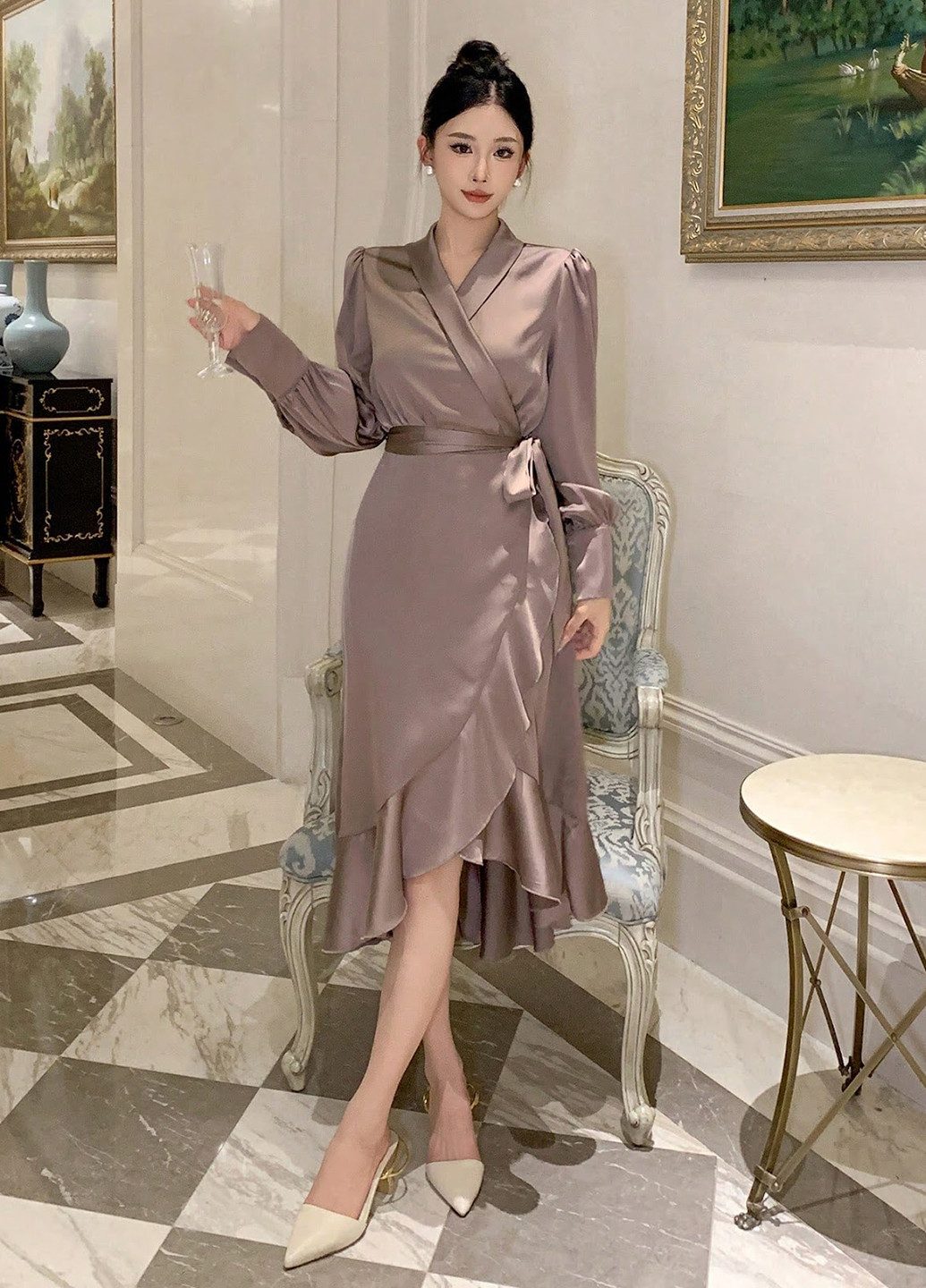 Рожево-коричнева вечірня сукня на запах SHEIN однотонна