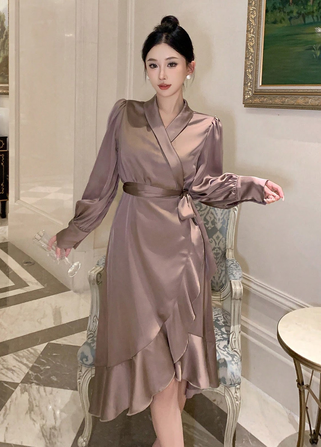 Рожево-коричнева вечірня сукня на запах SHEIN однотонна