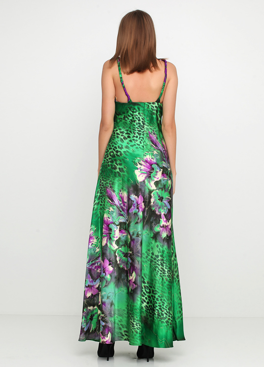 Зеленое вечернее платье а-силуэт Alchera с цветочным принтом