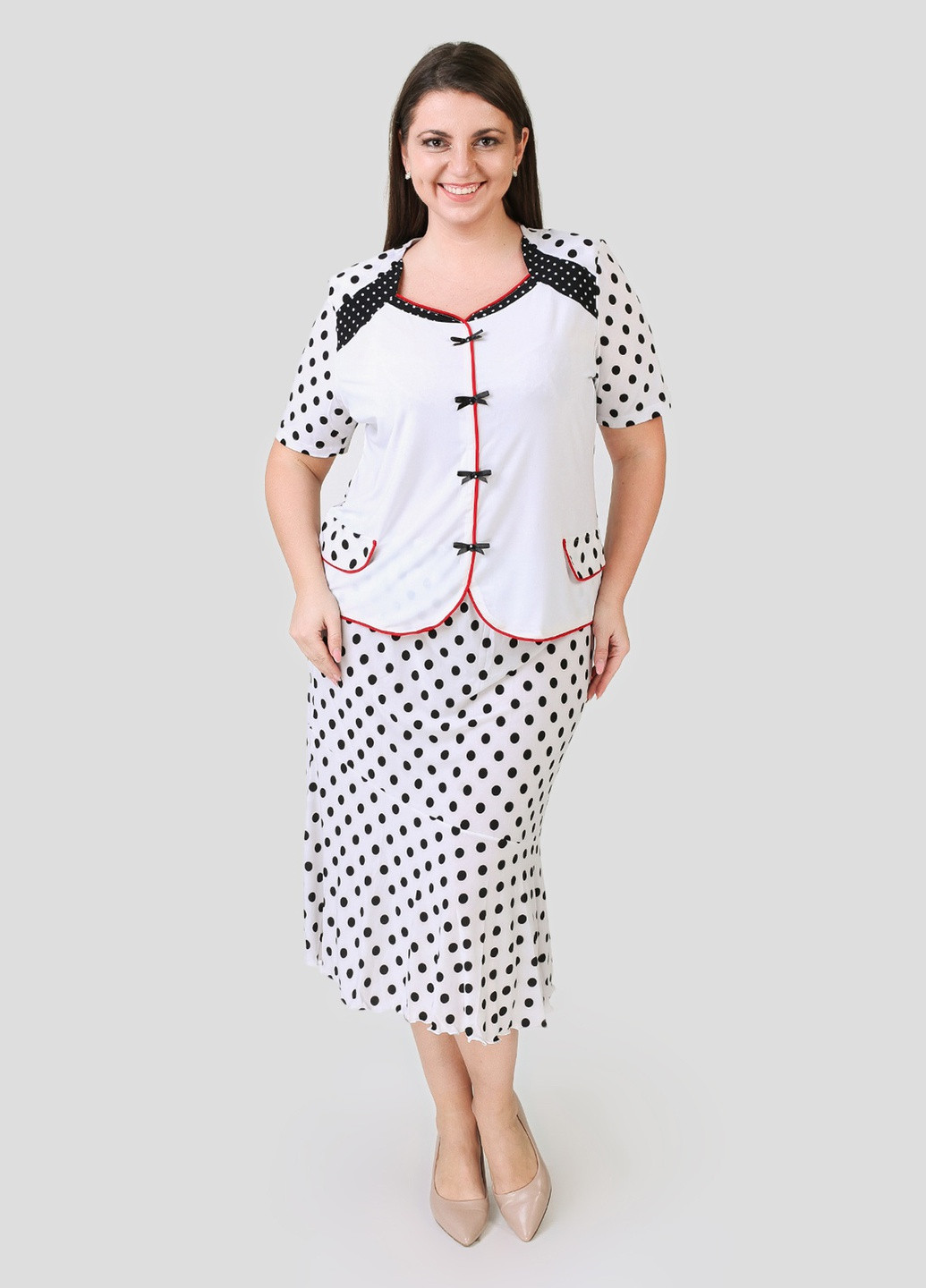 Костюм трикотажный белый в черный горох блуза и юбка ART 00063 BABOCHKA XL Collection (228062878)
