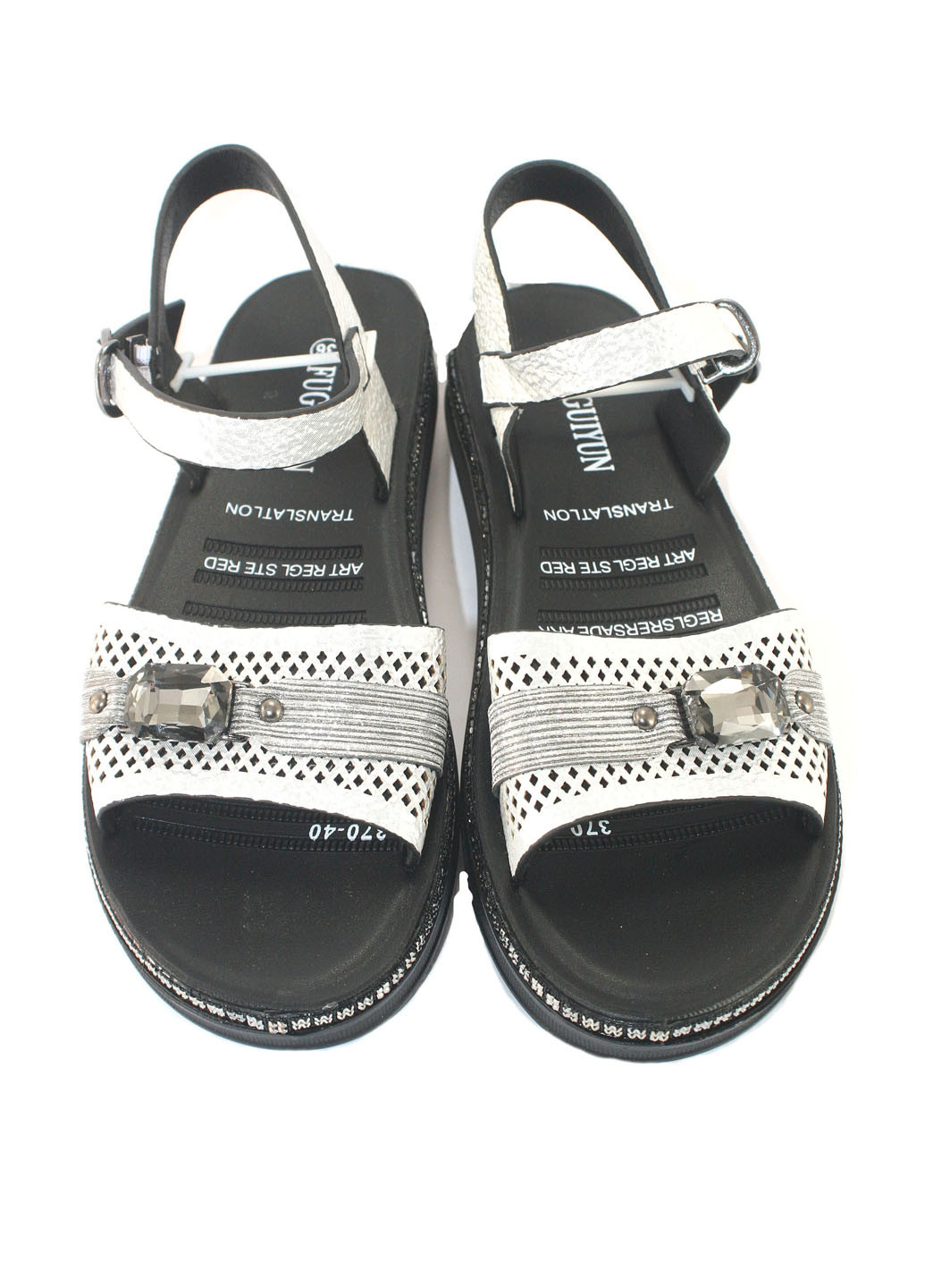 Серебряные босоножки No Brand с ремешком с перфорацией, с заклепками, с камнями