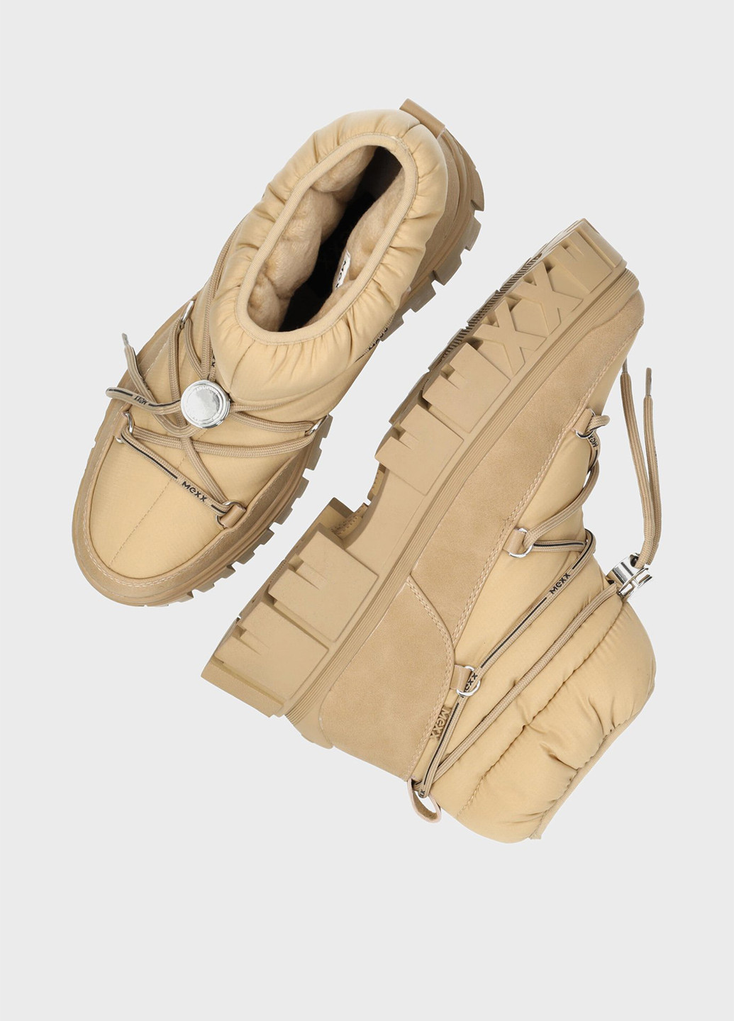 Бежевые дутики Mexx на тракторной подошве, с логотипом, со шнуровкой