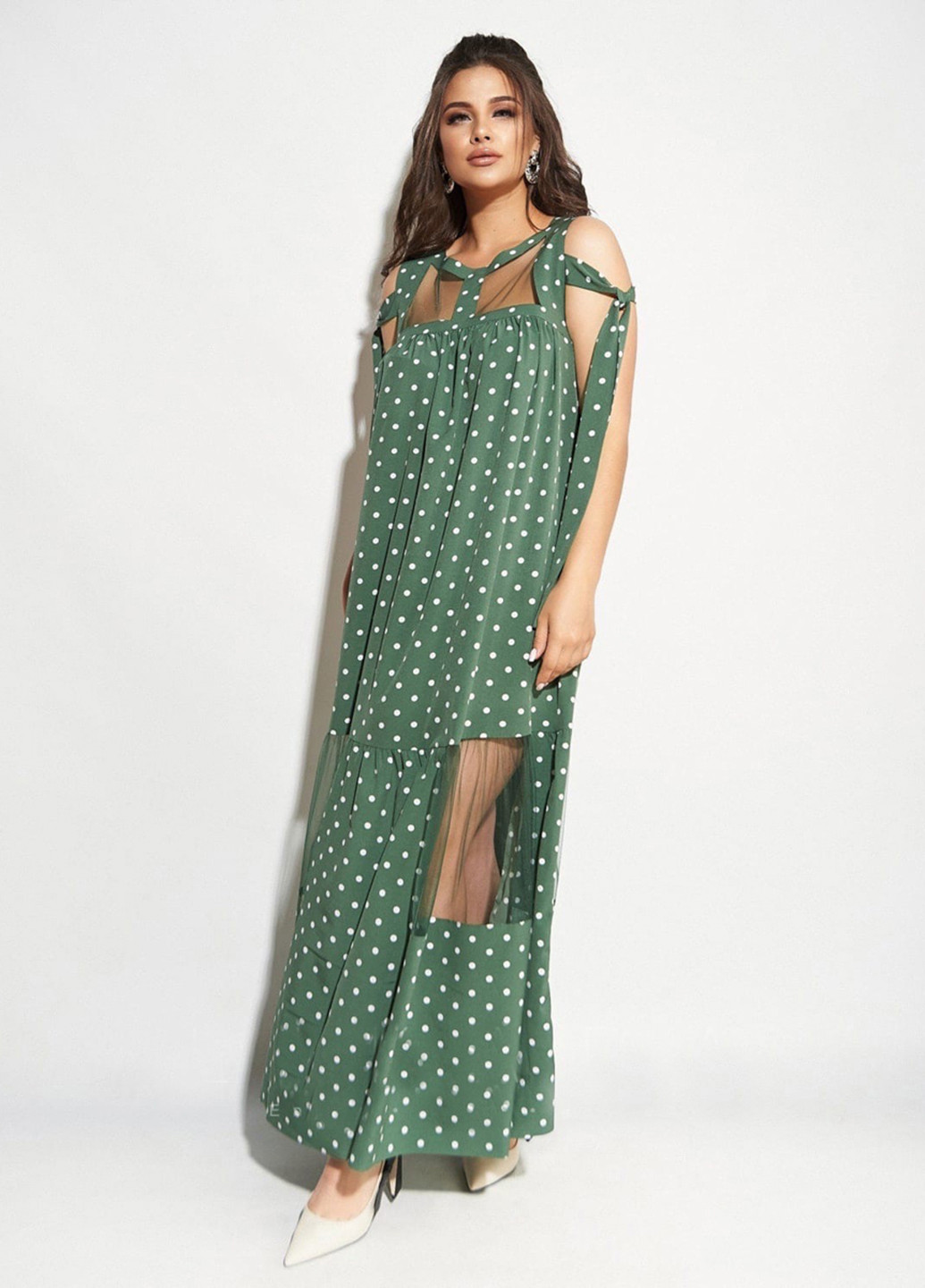 Зеленое кэжуал платье а-силуэт LibeAmore в горошек