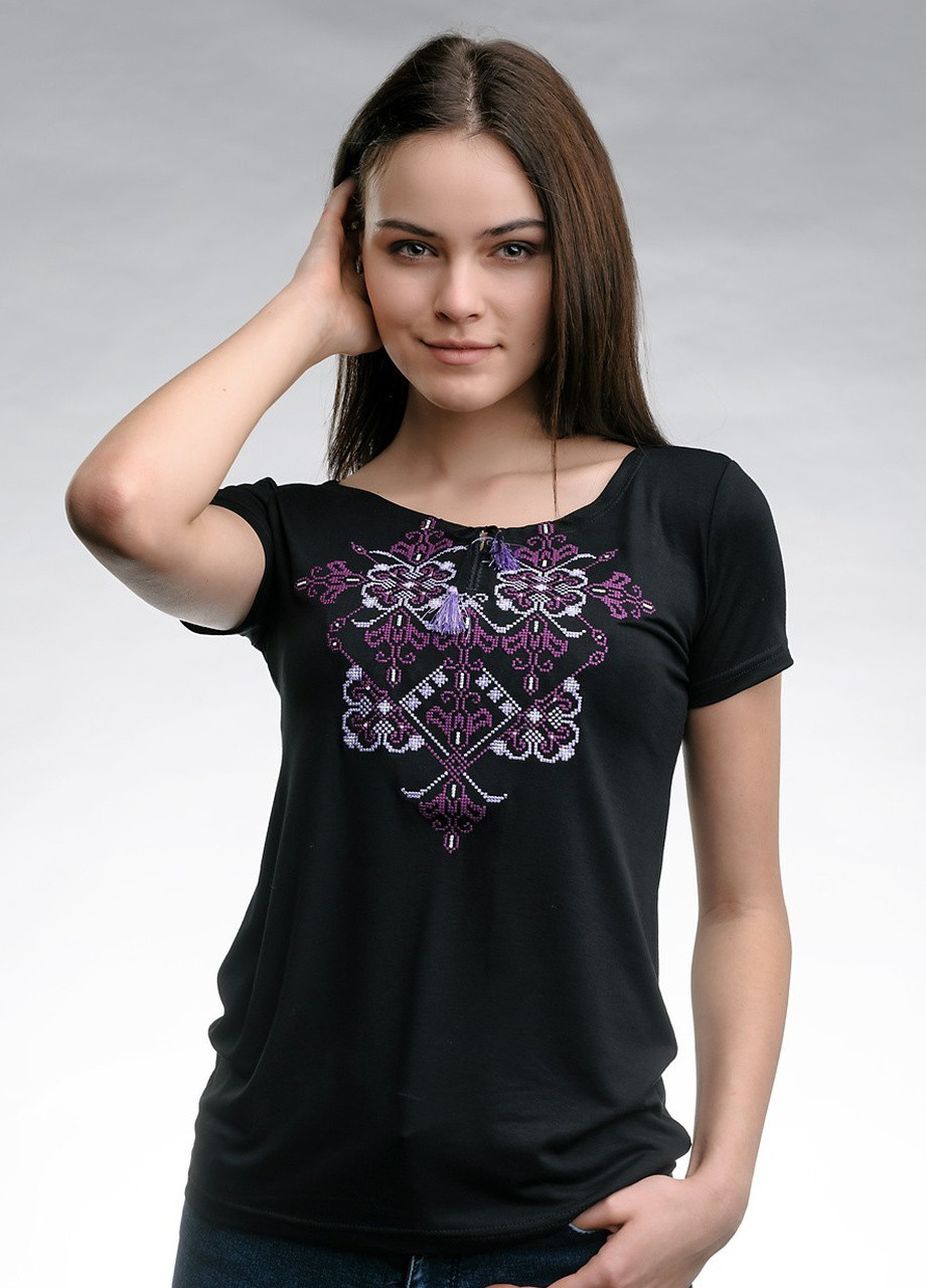 Жіноча вишита футболка Елегія чорна з фіолетовим Melanika (250206170)