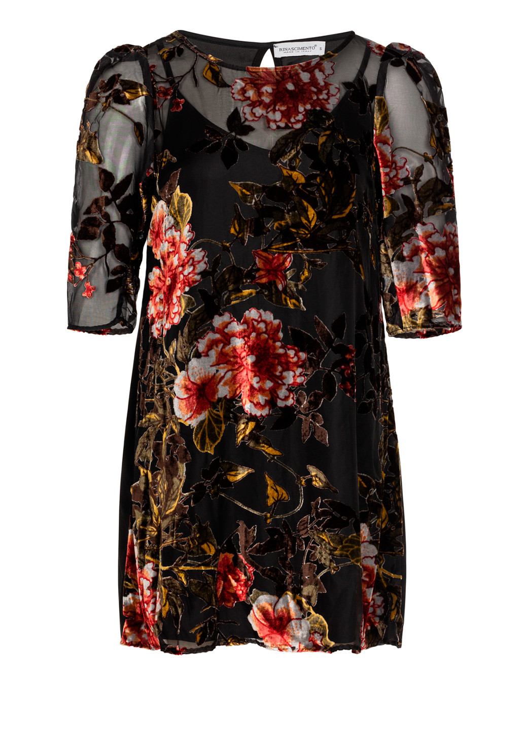 Чорна коктейльна жіноча міні сукня з короткими рукавами Rinascimento з квітковим принтом