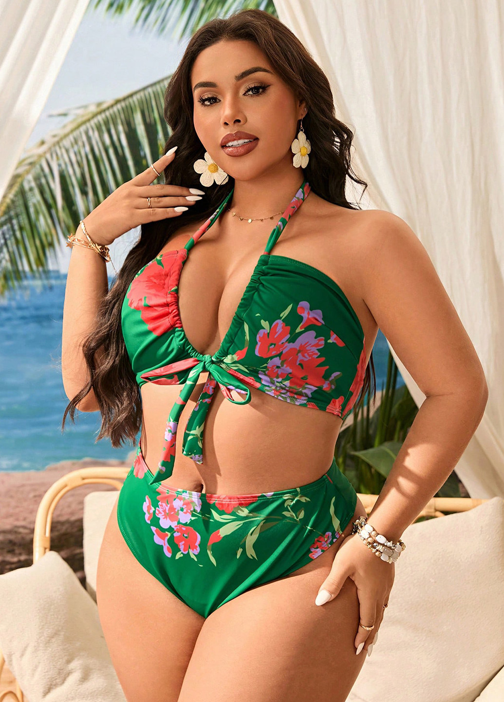 Комбинированный летний купальник (лиф, трусики, юбка) халтер, раздельный SHEIN