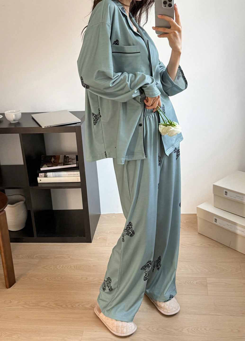 Сіро-зелена всесезон піжама (сорочка, штани) сорочка + брюки SHEIN