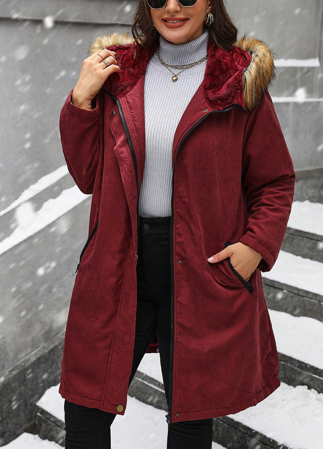 Бордове зимнє Пальто однобортне SHEIN