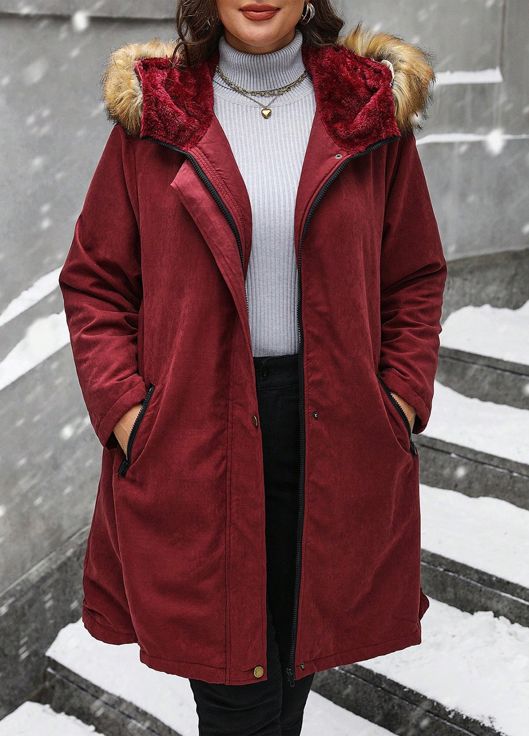Бордове зимнє Пальто однобортне SHEIN
