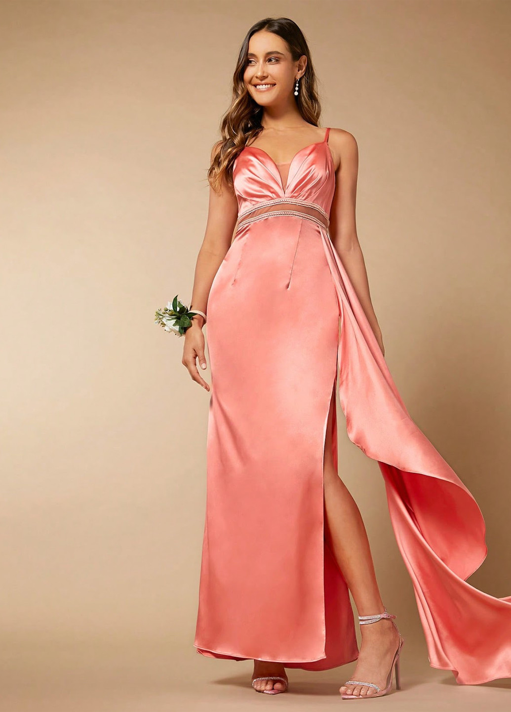 Коралловое вечернее платье SHEIN однотонное