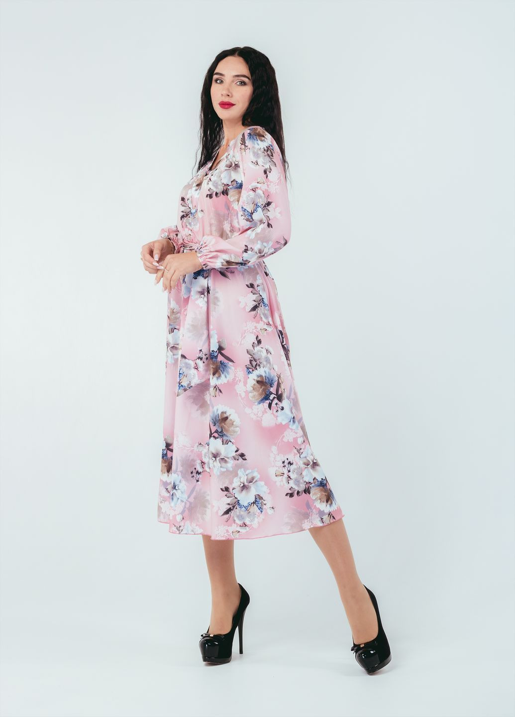 Розовое кэжуал платье so-78249-pnk с юбкой-солнце Alpama с цветочным принтом