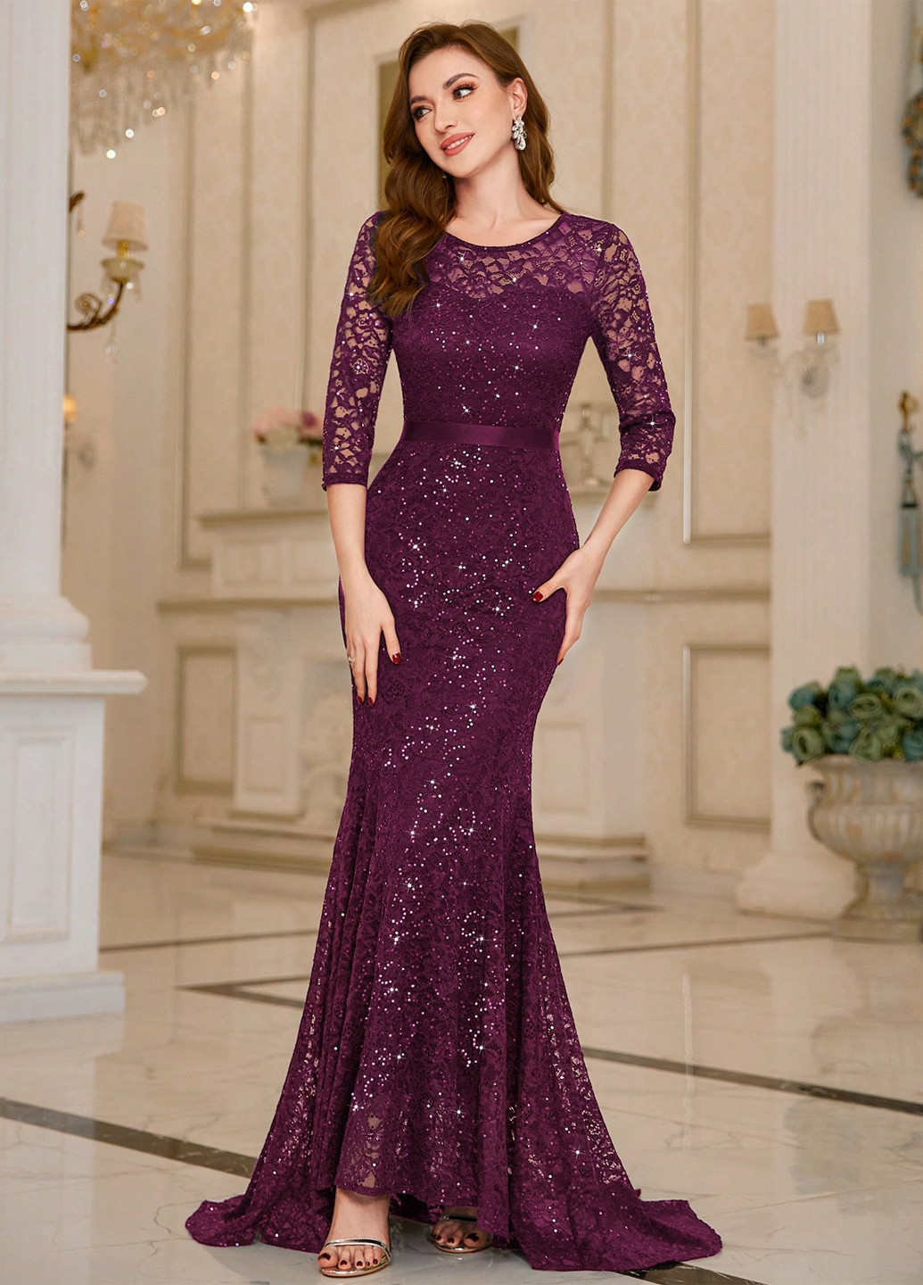 Сливова вечірня сукня годе, зі шлейфом SHEIN однотонна