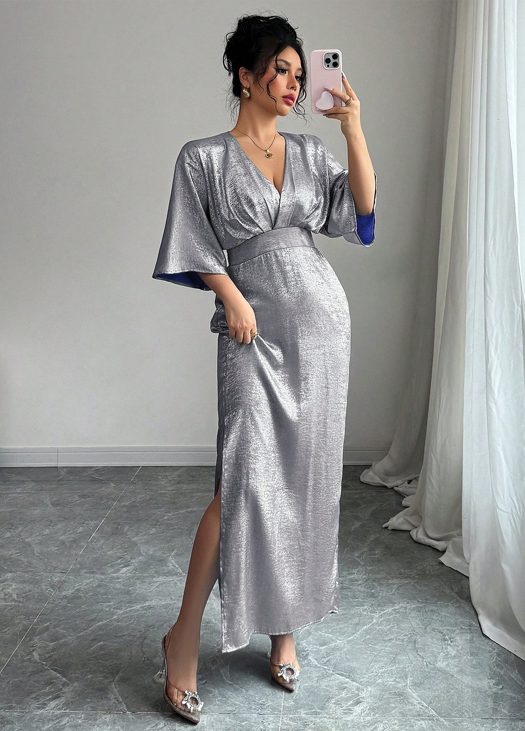 Серое праздничный, вечернее платье в стиле ампир SHEIN однотонное