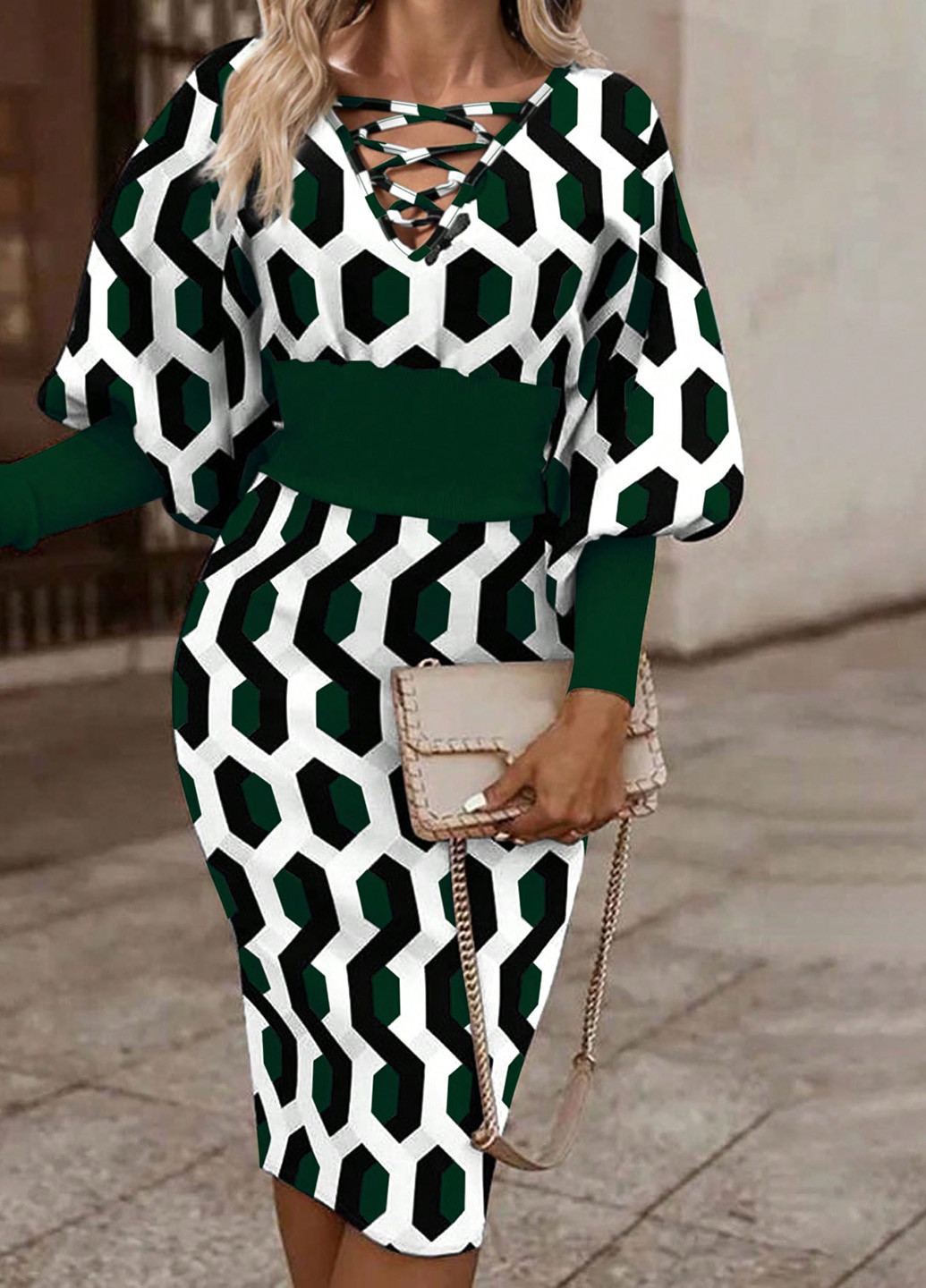 Темно-зеленое деловое, кэжуал платье футляр SHEIN с геометрическим узором