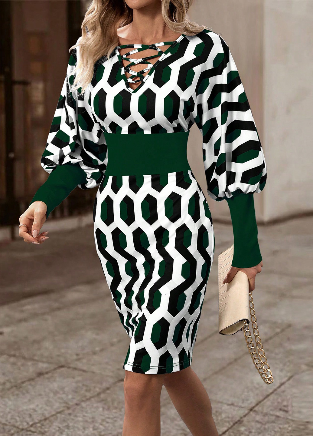 Темно-зеленое деловое, кэжуал платье футляр SHEIN с геометрическим узором