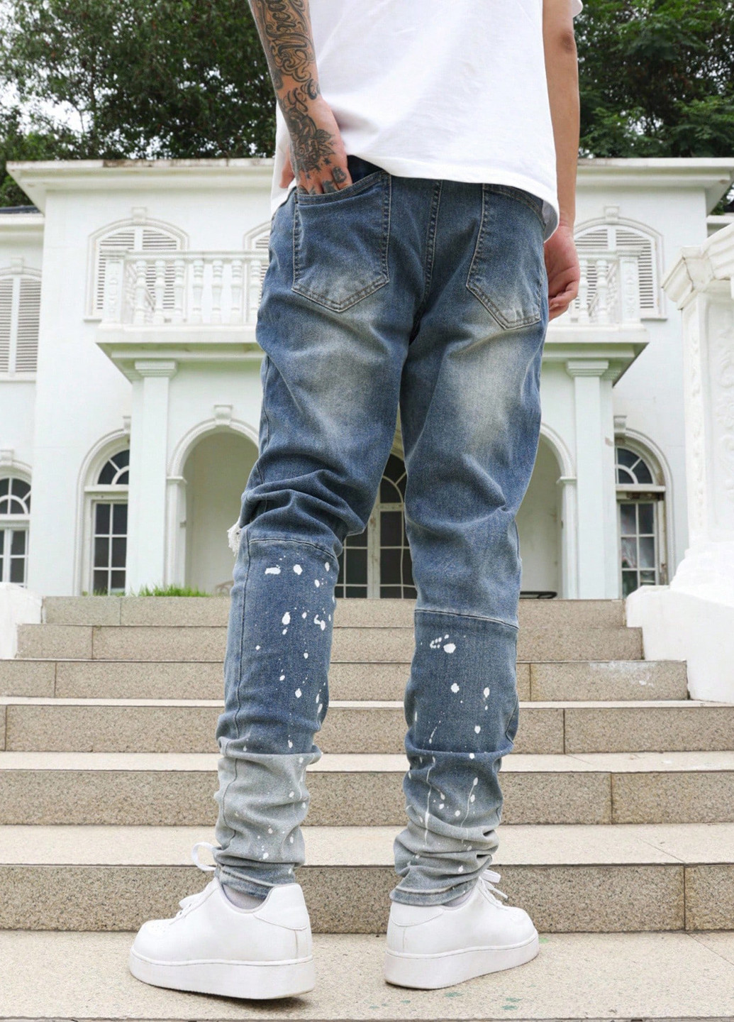 Серо-синие демисезонные слим джинсы SHEIN