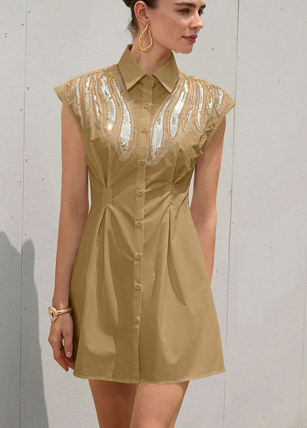 Песочное деловое, кэжуал платье колокол, рубашка SHEIN однотонное