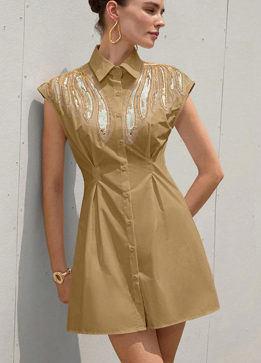 Песочное деловое, кэжуал платье колокол, рубашка SHEIN однотонное