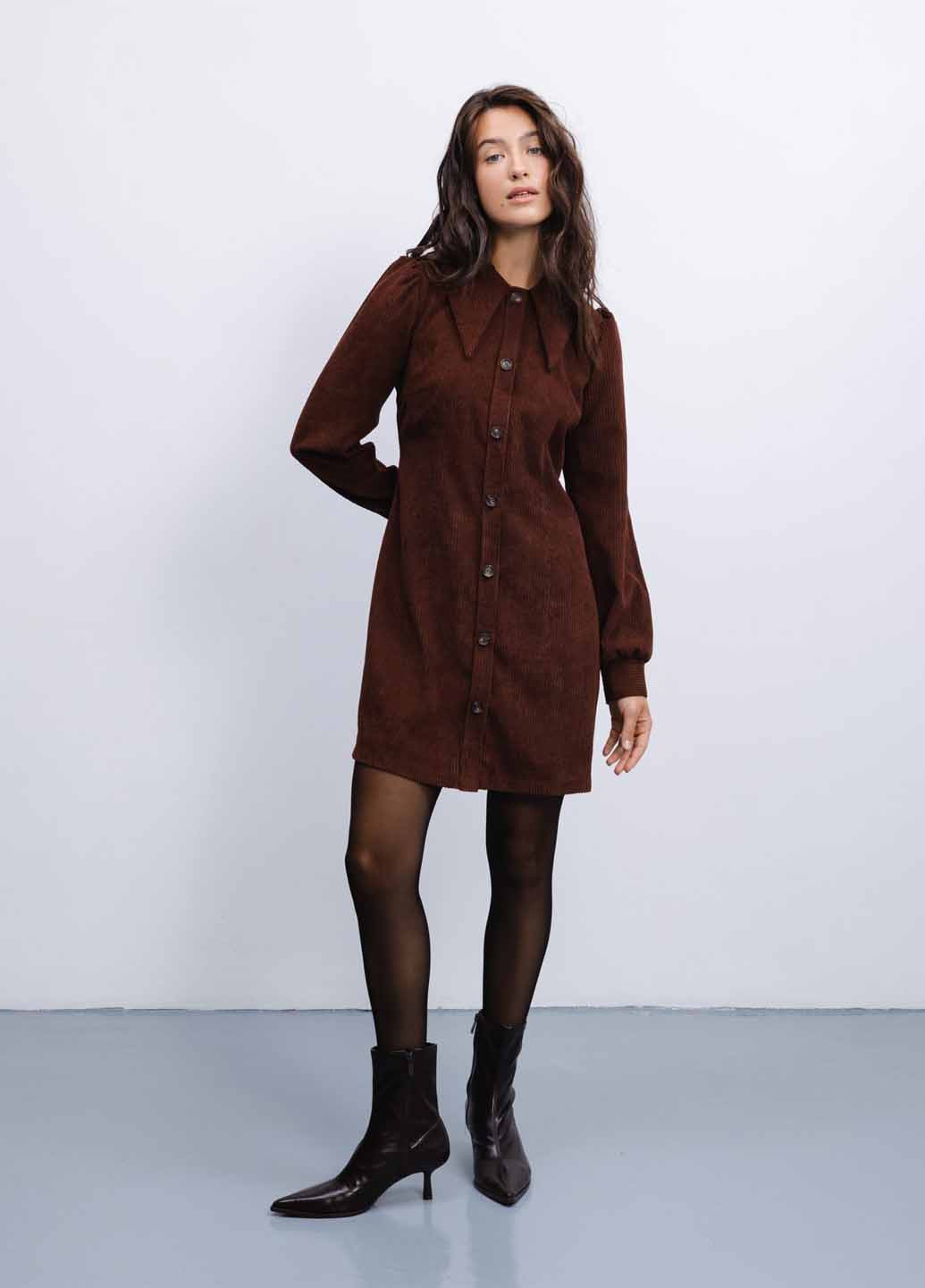 Темно-коричневое кэжуал платье рубашка Fashion однотонное