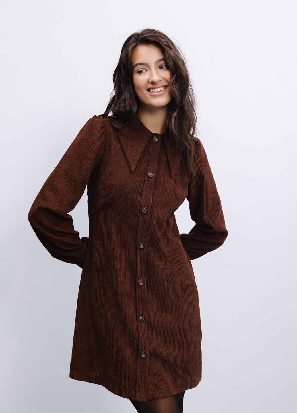 Темно-коричневое кэжуал платье рубашка Fashion однотонное