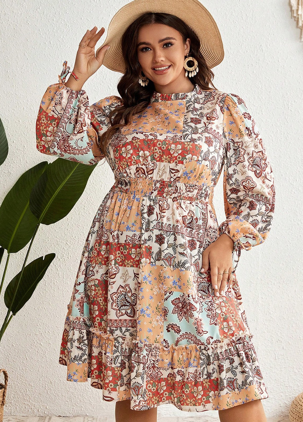 Комбинированное кэжуал платье клеш SHEIN с цветочным принтом