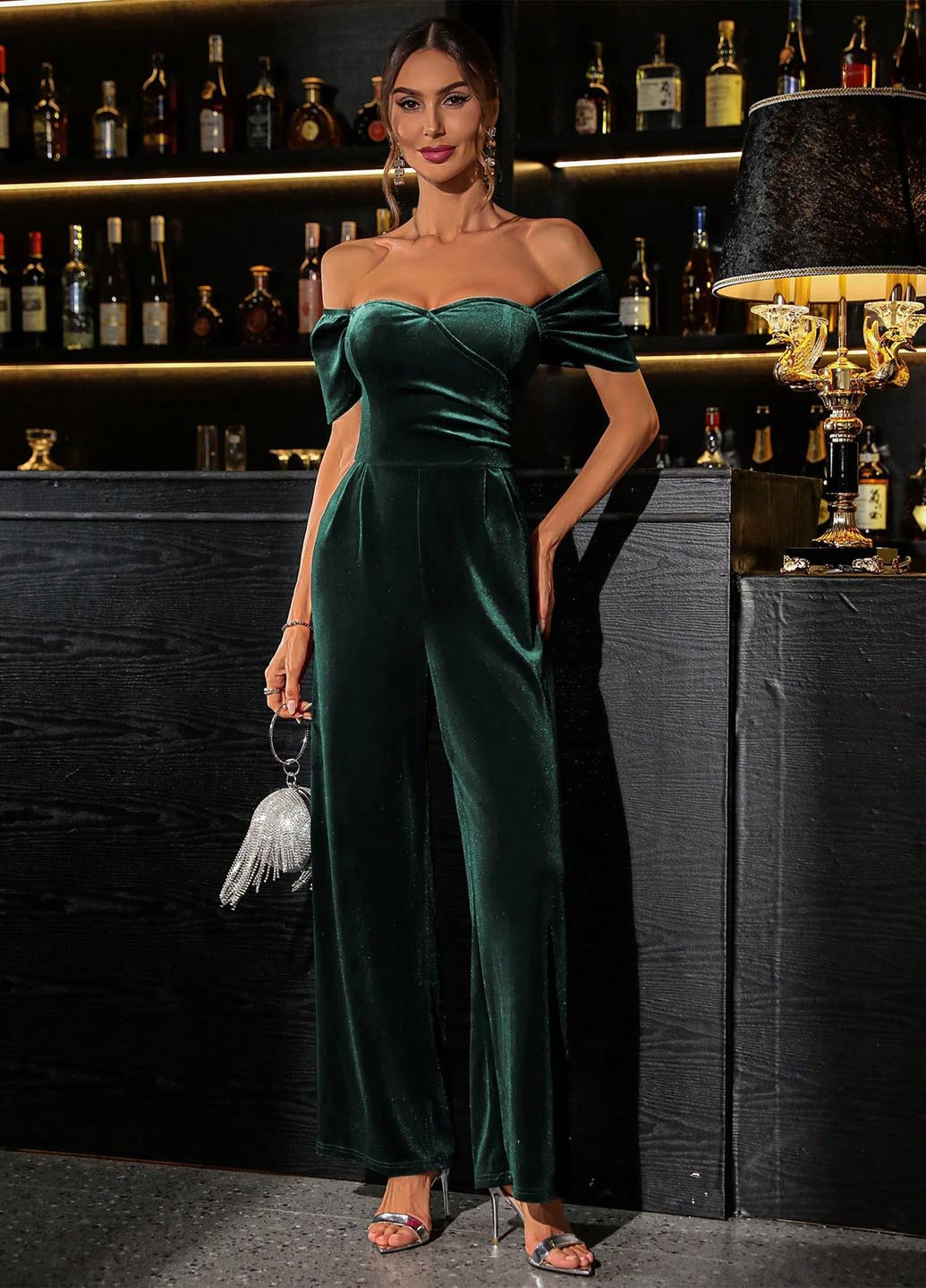 Комбинезон SHEIN комбинезон-брюки однотонный изумрудный вечерний велюр, полиэстер