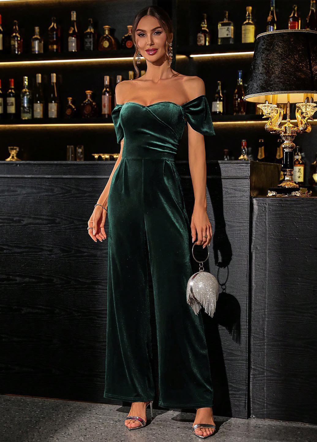 Комбинезон SHEIN комбинезон-брюки однотонный изумрудный вечерний велюр, полиэстер
