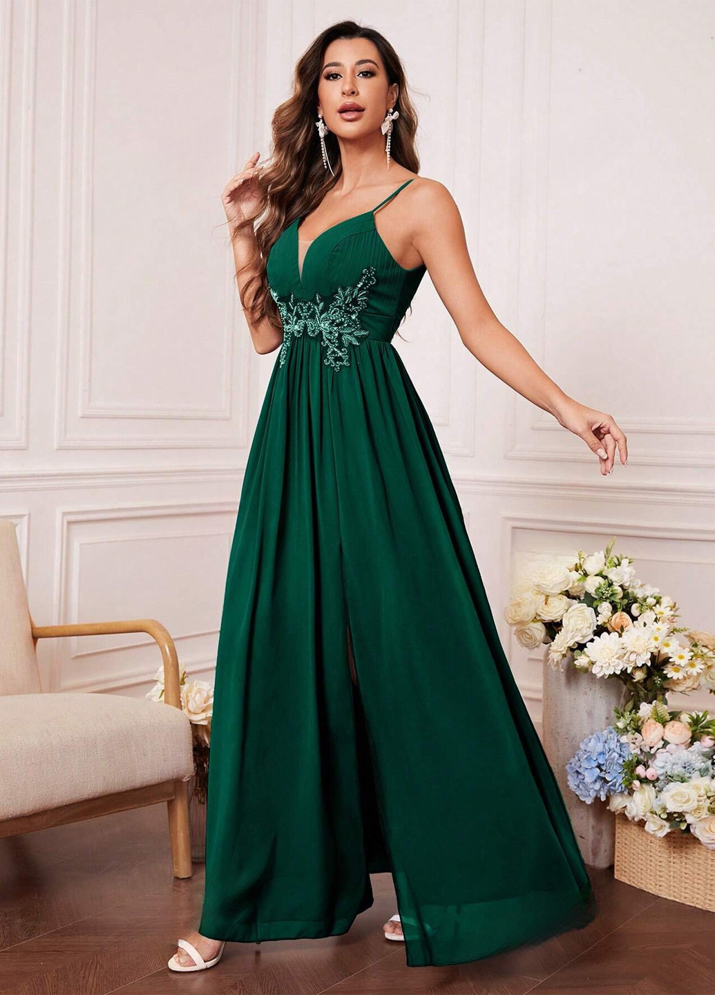 Темно-зеленое вечернее платье SHEIN однотонное