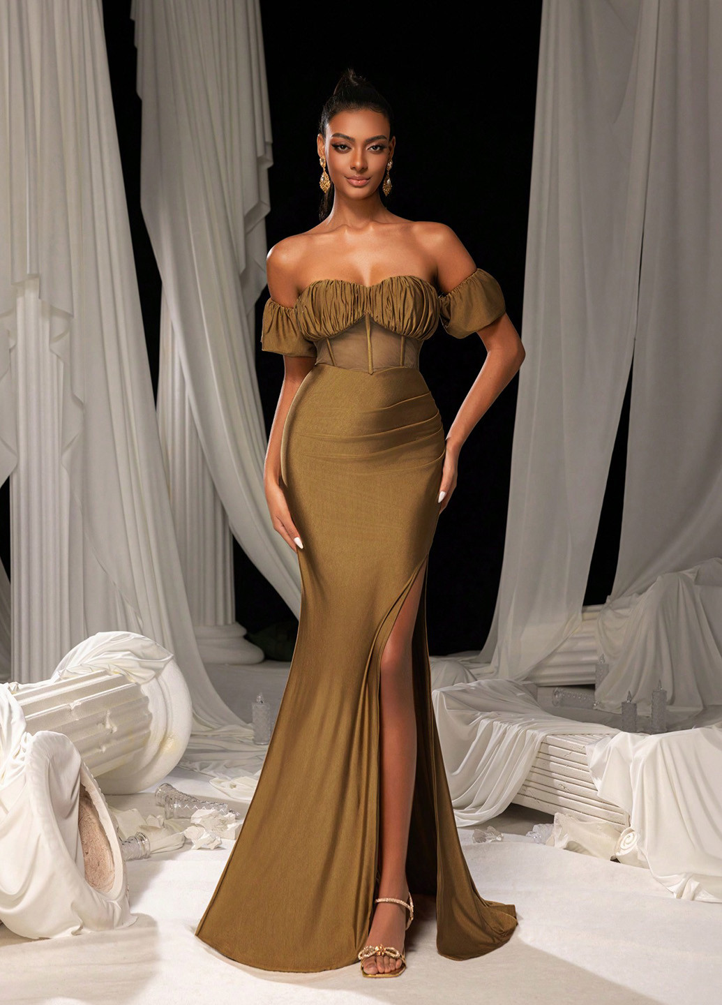 Бронзова вечірня сукня годе SHEIN однотонна