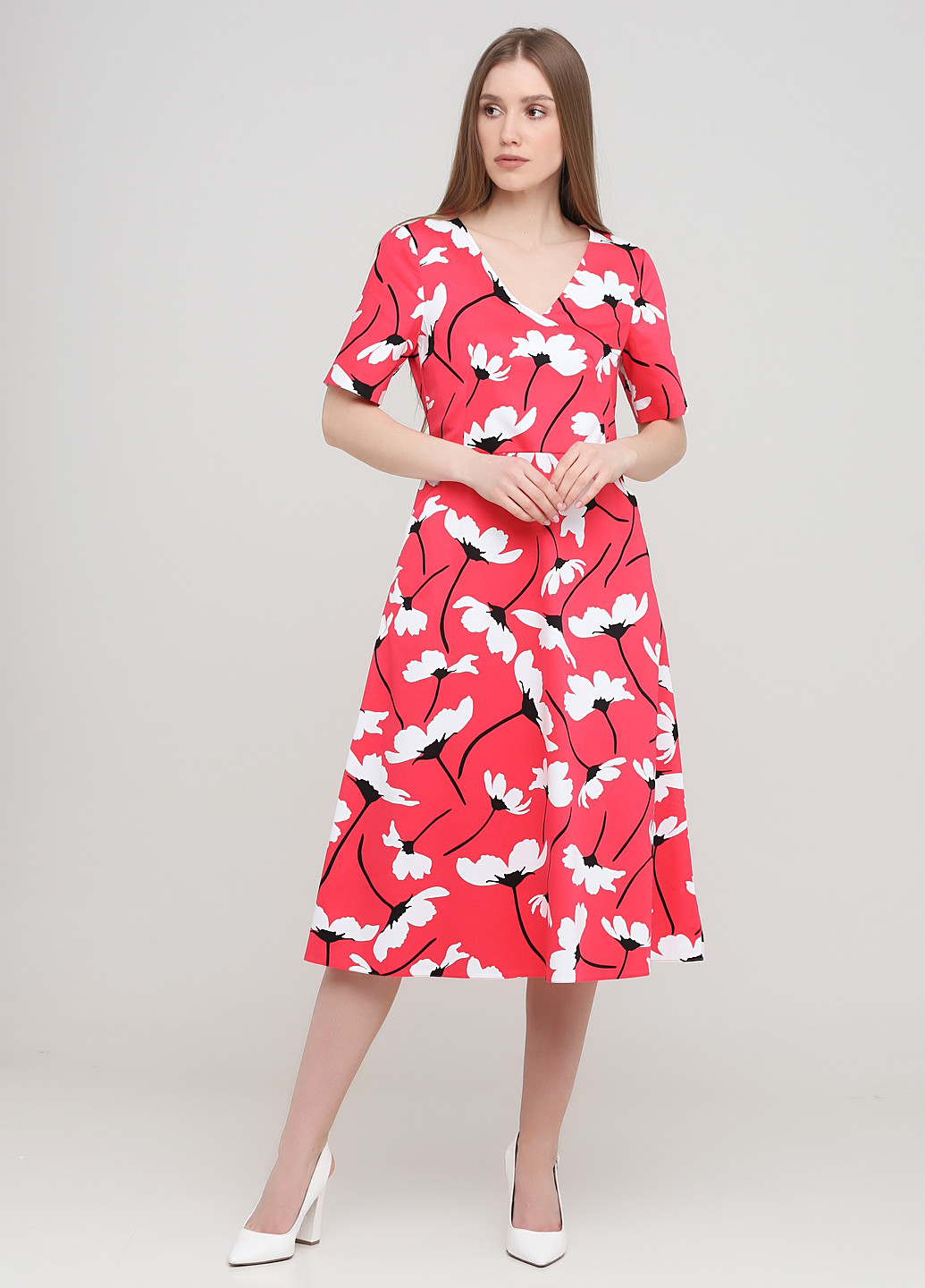 Коралова ділова плаття, сукня кльош Olga Shyrai for PUBLIC&PRIVATE з квітковим принтом