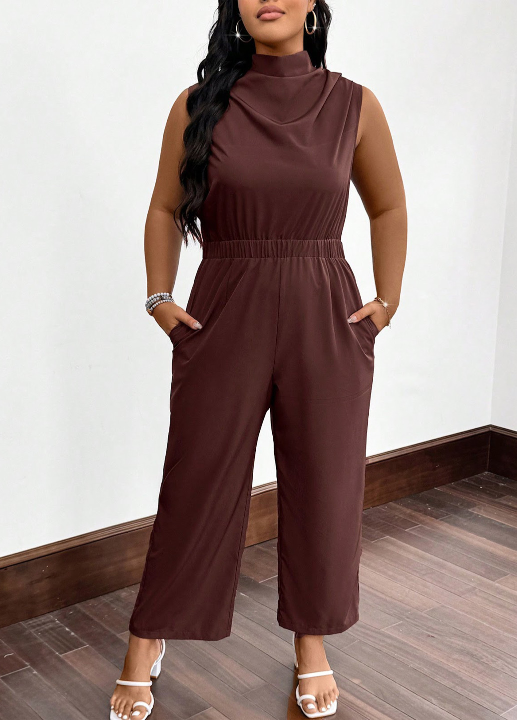 Комбінезон SHEIN комбінезон-брюки однотонний темно-коричневий кежуал поліестер