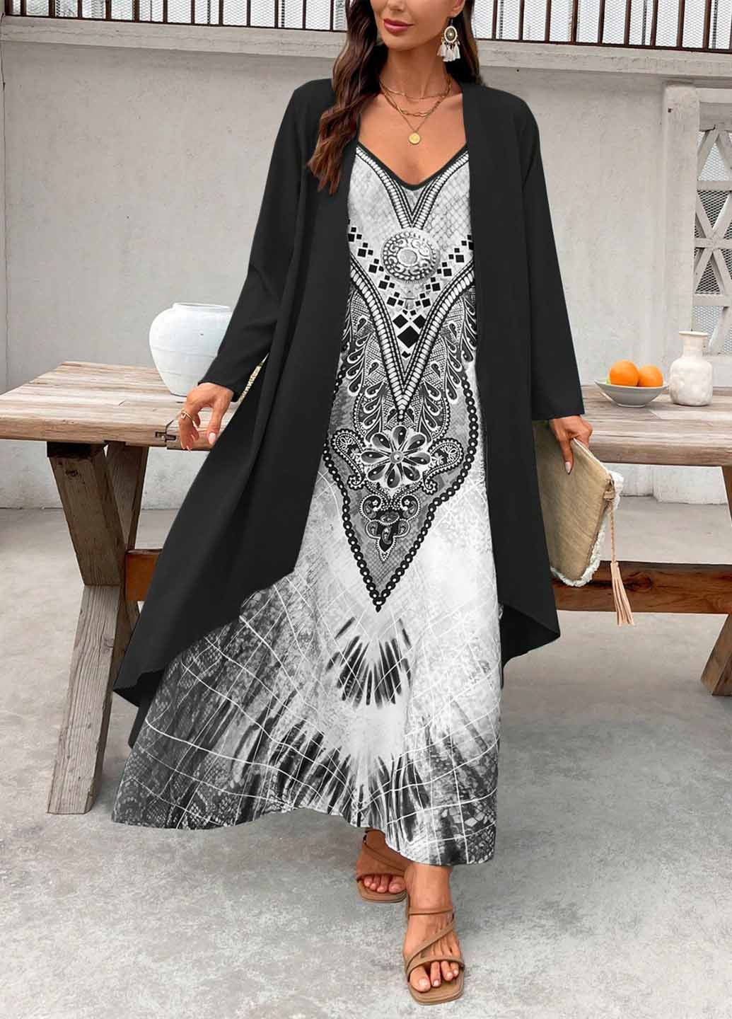 Черный летний комплект (платье, накидка) SHEIN