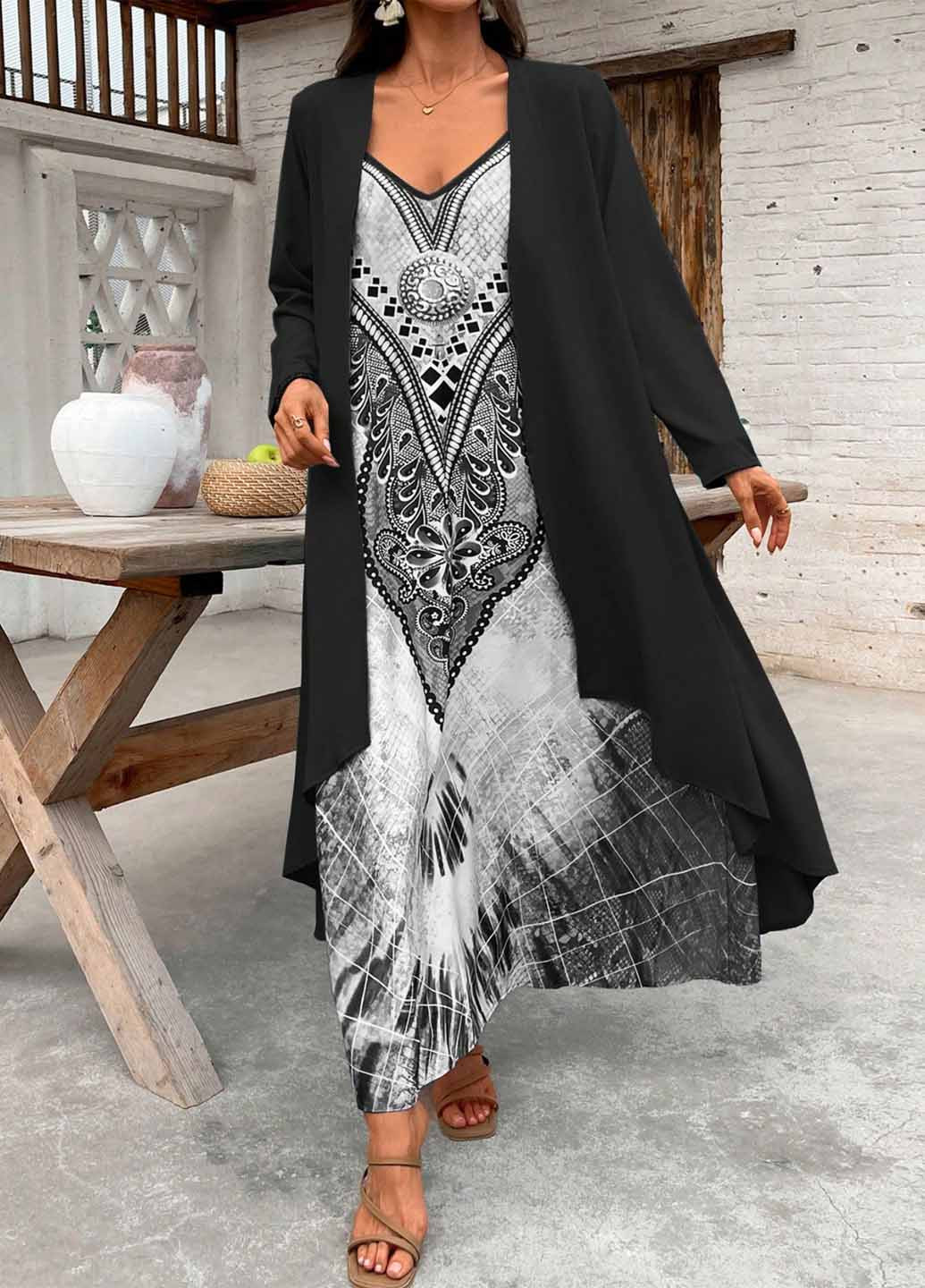 Черный летний комплект (платье, накидка) SHEIN