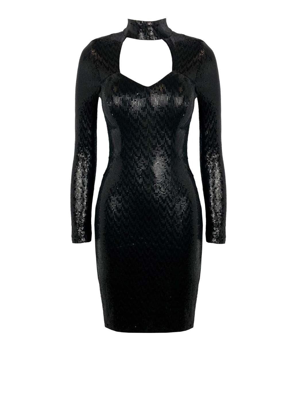 Чорна вечірня міні сукня в паєтки з довгими рукавами з відкритою спиною, футляр Rinascimento однотонна