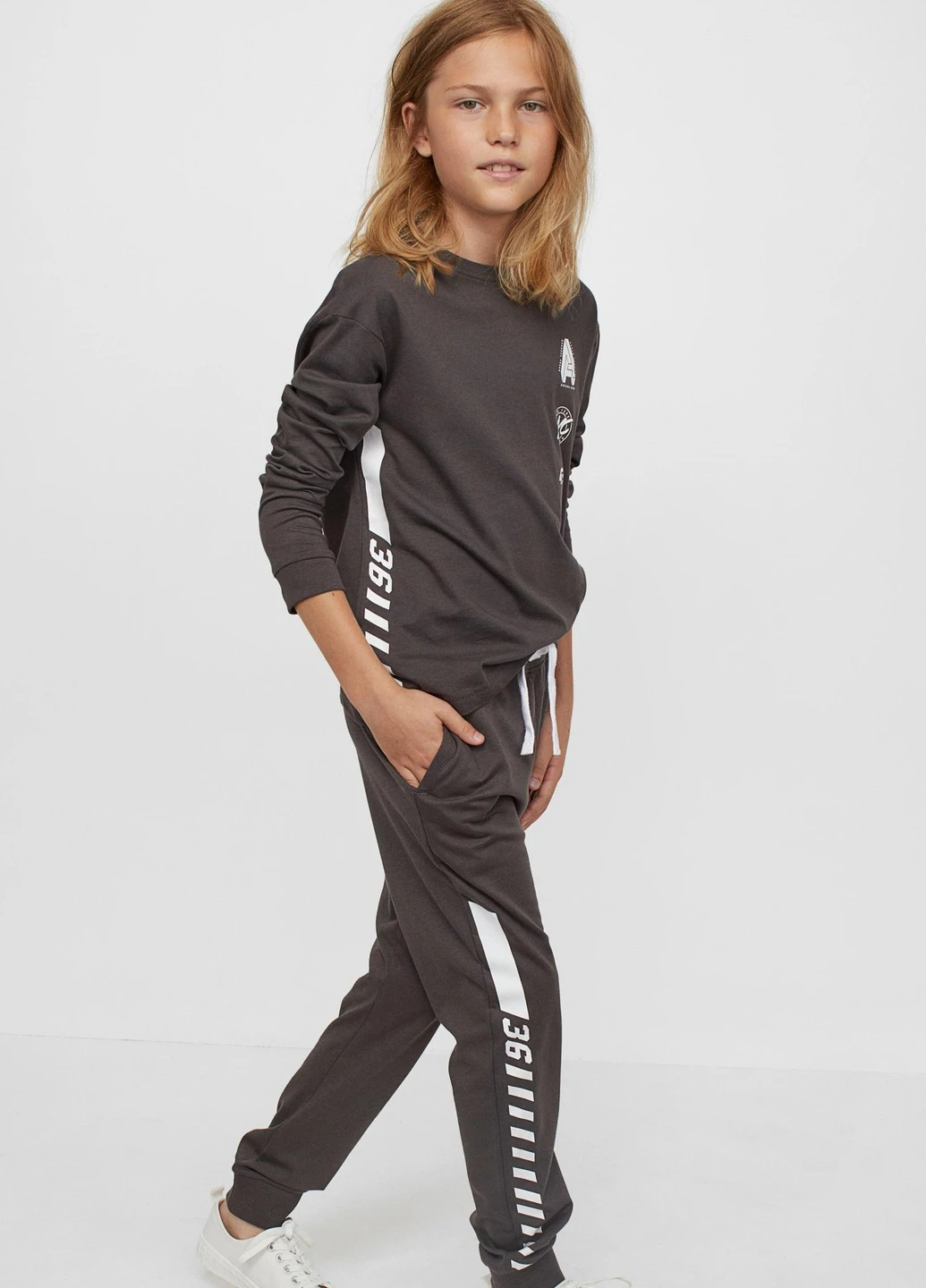 Лонгслів,темно-сірий з принтом білий, H&M (255192031)