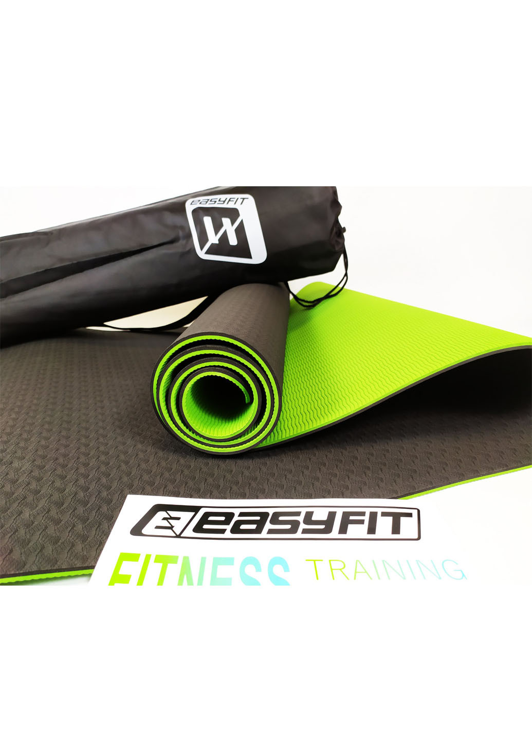 Килимок для йоги TPE + TC ECO-Friendly 6 мм чорний із зеленим (мат-каремат спортивний, йогамат для фітнесу, пілатесу) EasyFit (237596312)