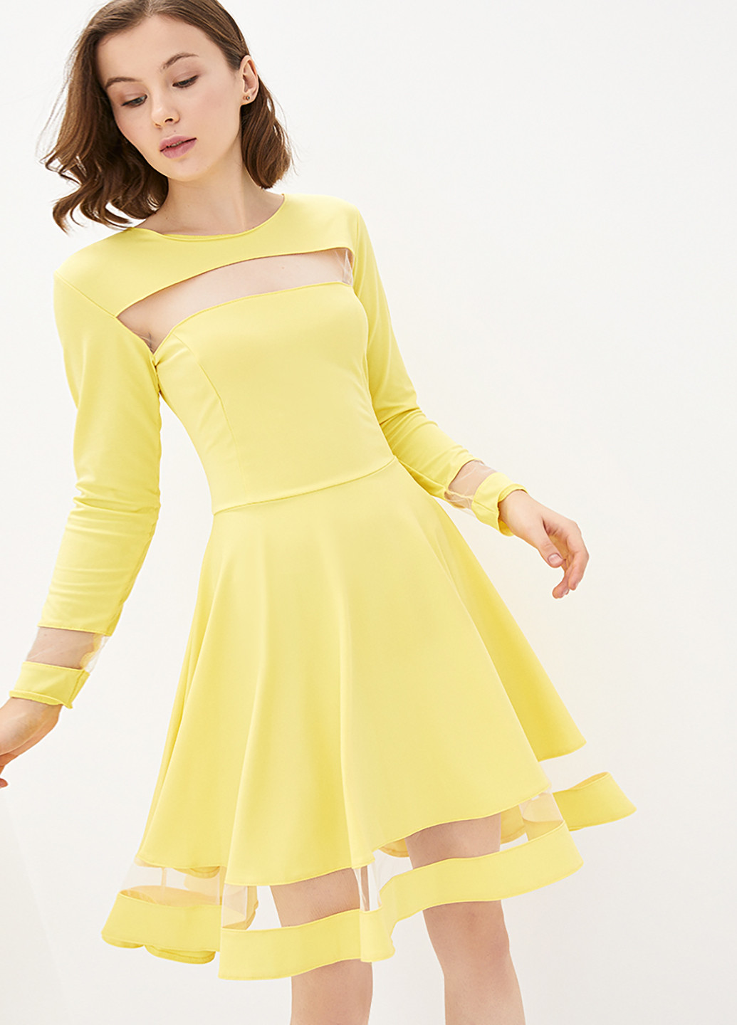 Желтое коктейльное платье клеш Podium однотонное
