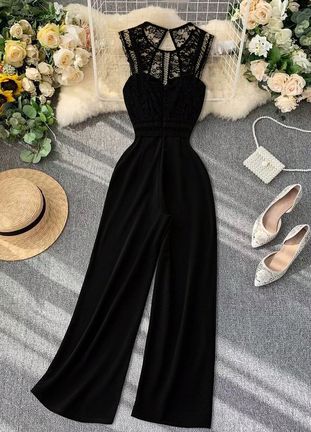 Комбинезон SHEIN комбинезон-брюки однотонный чёрный вечерний полиэстер, трикотаж