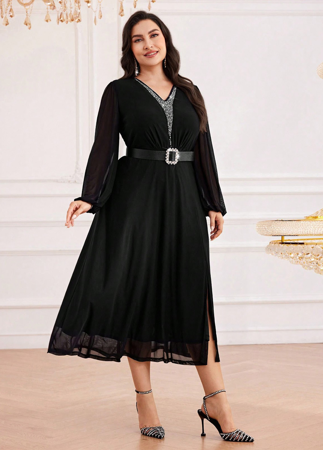 Чорна вечірня сукня кльош SHEIN однотонна