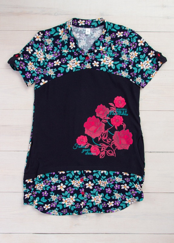 Туніка-сорочка жіноча 54 Білі та фіолетові квіти на черн.синьому Носи Своє (-005-33-v16) Носи своє 8057 (256517346)