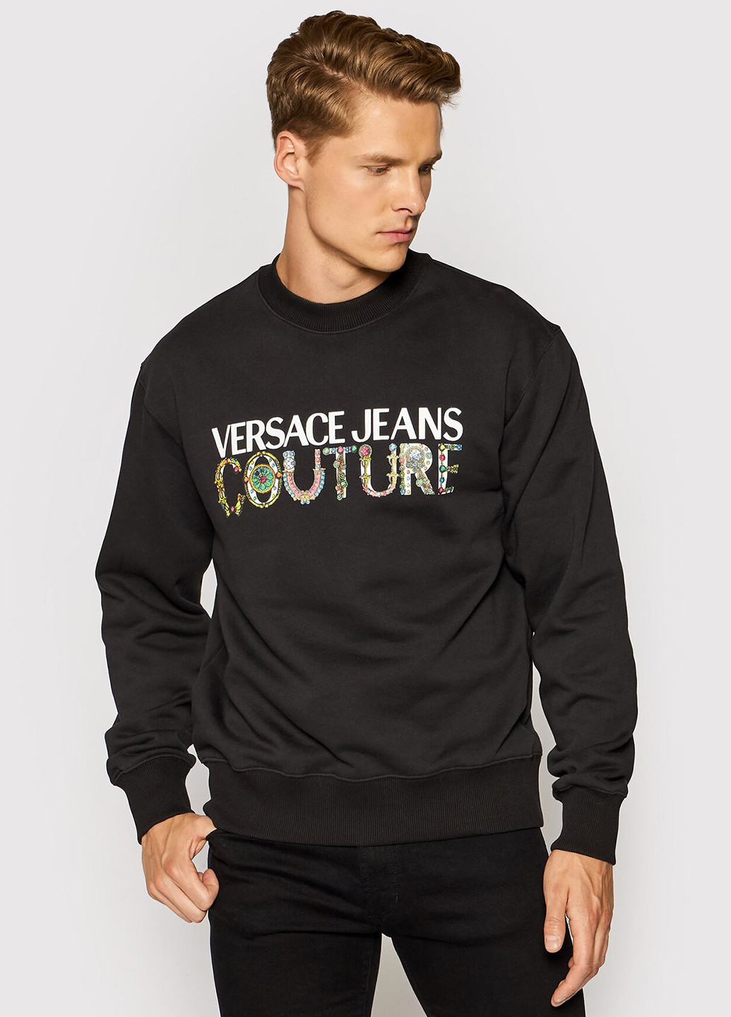 Свитшот Versace Jeans - Прямой крой надпись черный кэжуал трикотаж, хлопок - (253407813)
